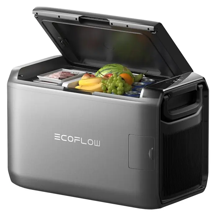 EcoFlow Akku-Kühlbox Glacier - 1 Akku, L x B x H: 48 x 70,6 x 40 cm, 45 l - Graue EcoFlow Kühlbox mit geöffnetem schwarzem Deckel, gefüllt mit Obst, Getränken und verpackten Lebensmitteln.