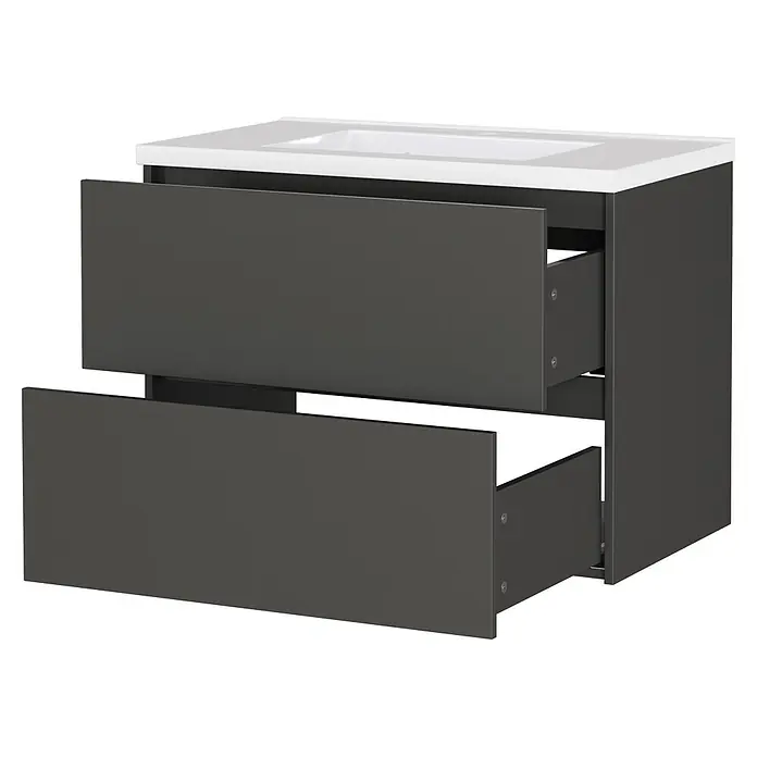Germania Waschtischunterschrank GW-BODERA - B x T x H: 81 x 46 x 61 cm, Graphit - Dunkelgrauer Badezimmerschrank mit weißem Waschbecken und zwei teilweise geöffneten Schubladen.