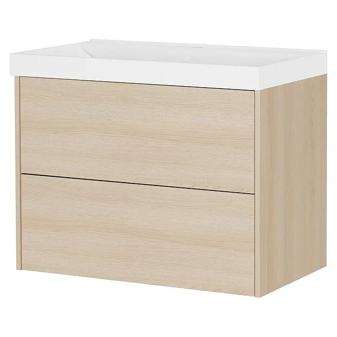 Germania Waschtischunterschrank GW-BODERA - B x T x H: 81 x 46 x 65 cm, Lindberg-Eiche-Nb. - Badunterschrank aus hellem Holz mit zwei Schubladen und integriertem weißen Waschbecken.