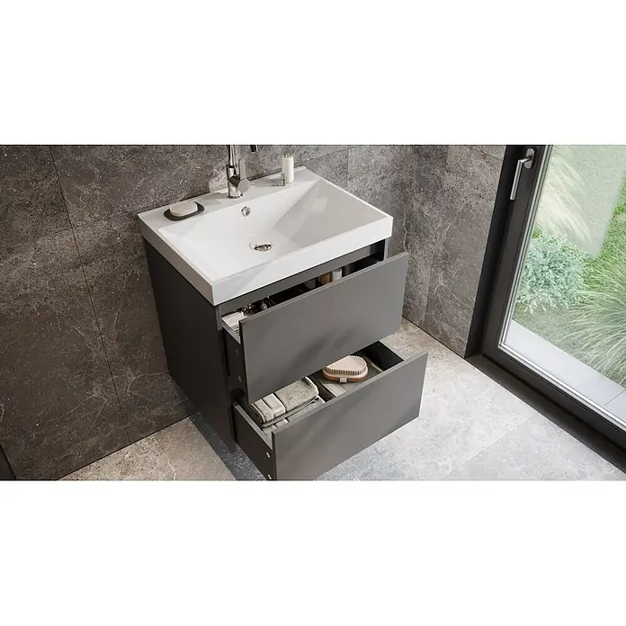 Germania Waschtischunterschrank GW-BODERA - B x T x H: 61 x 46 x 65 cm, Graphit - Dunkelgrauer Waschtischunterschrank mit weißem Waschbecken und offenen Schubladen zur Aufbewahrung.