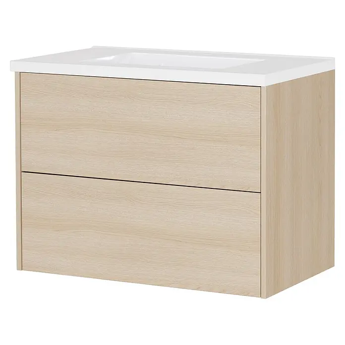Germania Waschtischunterschrank GW-BODERA - B x T x H: 81 x 46 x 61 cm, Lindberg-Eiche-Nb. - Helles Holzbadmöbel mit weißem Waschbecken und zwei Schubladen.