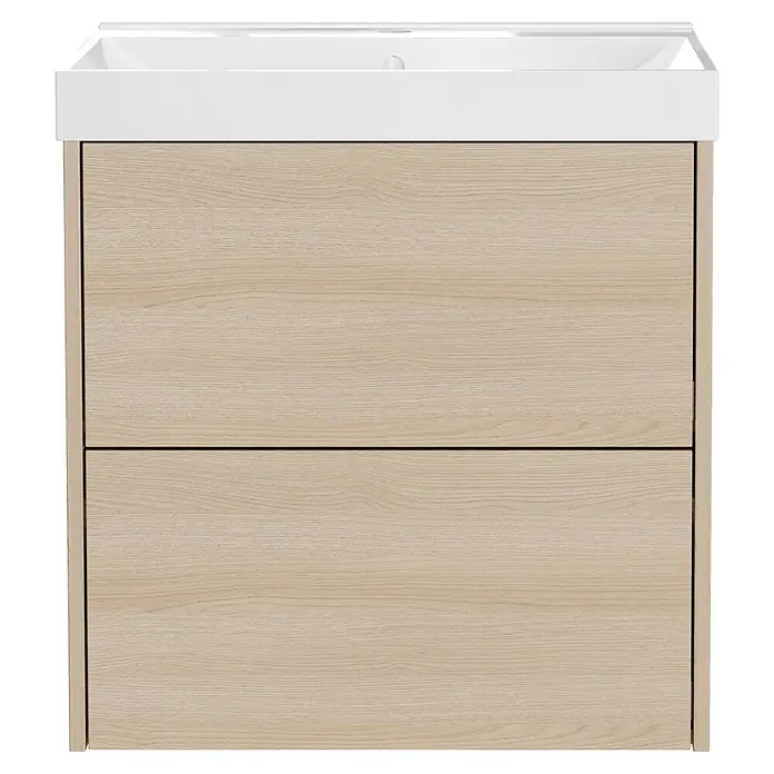 Germania Waschtischunterschrank GW-BODERA - B x T x H: 61 x 46 x 65 cm, Lindberg-Eiche-Nb. - Moderner Waschtischunterschrank mit weißem integriertem Waschbecken und zwei hellholzfarbenen Schubladen.