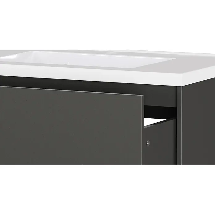 Germania Waschtischunterschrank GW-BODERA - B x T x H: 81 x 46 x 61 cm, Graphit - Dunkelgrauer Waschtisch mit weißem Waschbecken, eine Schublade teilweise geöffnet.