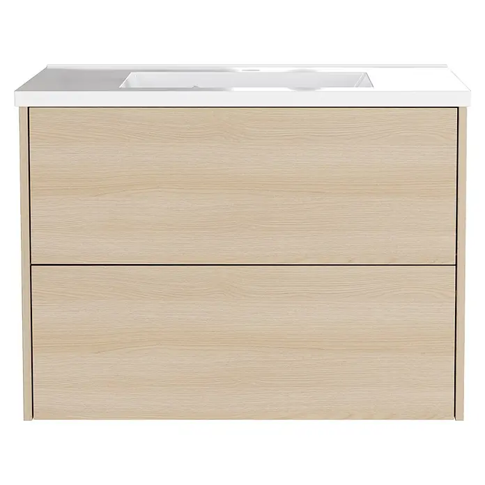 Germania Waschtischunterschrank GW-BODERA - B x T x H: 81 x 46 x 61 cm, Lindberg-Eiche-Nb. - Hellholz Waschtischunterschrank mit zwei Schubladen und integrierter weißer Arbeitsplatte und Waschbecken.