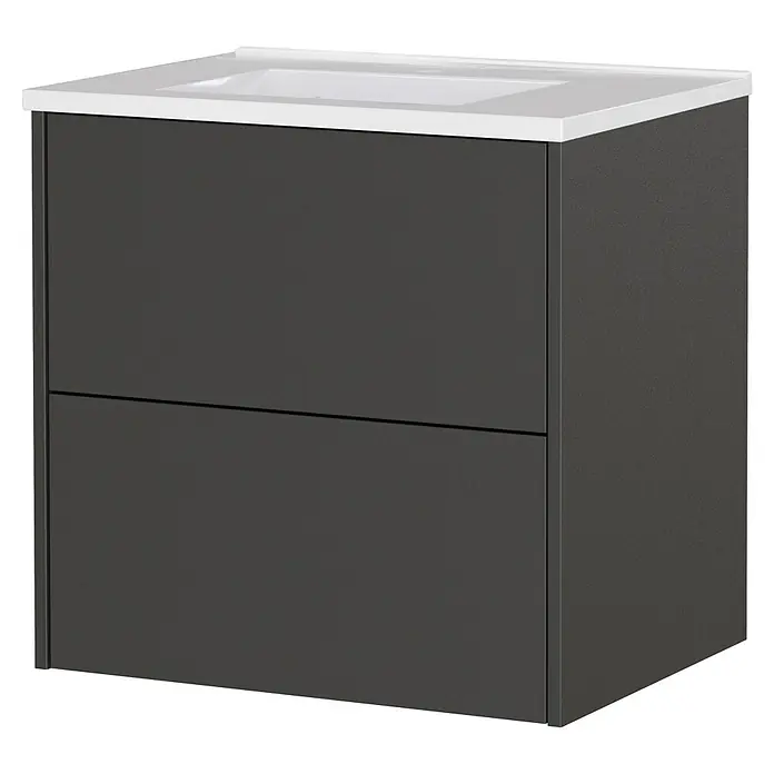Germania Waschtischunterschrank GW-BODERA - B x T x H: 61 x 46 x 61 cm, Graphit - Dunkelgrauer Badunterschrank mit zwei Schubladen und integriertem weißen Waschbecken.