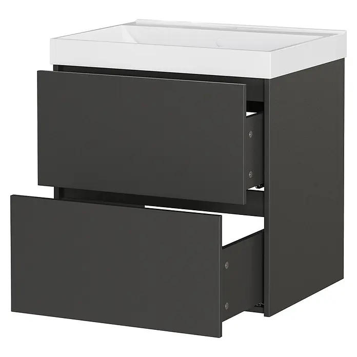 Germania Waschtischunterschrank GW-BODERA - B x T x H: 61 x 46 x 65 cm, Graphit - Dunkelgrauer Badunterschrank mit weißem Waschbecken und zwei teilweise geöffneten Schubladen.