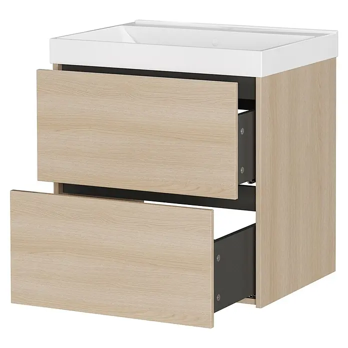 Germania Waschtischunterschrank GW-BODERA - B x T x H: 61 x 46 x 65 cm, Lindberg-Eiche-Nb. - Weißer Waschtischunterschrank mit hellbrauner Holzoptik und zwei teilweise geöffneten Schubladen, die dunkelgraue Innenteile zeigen.