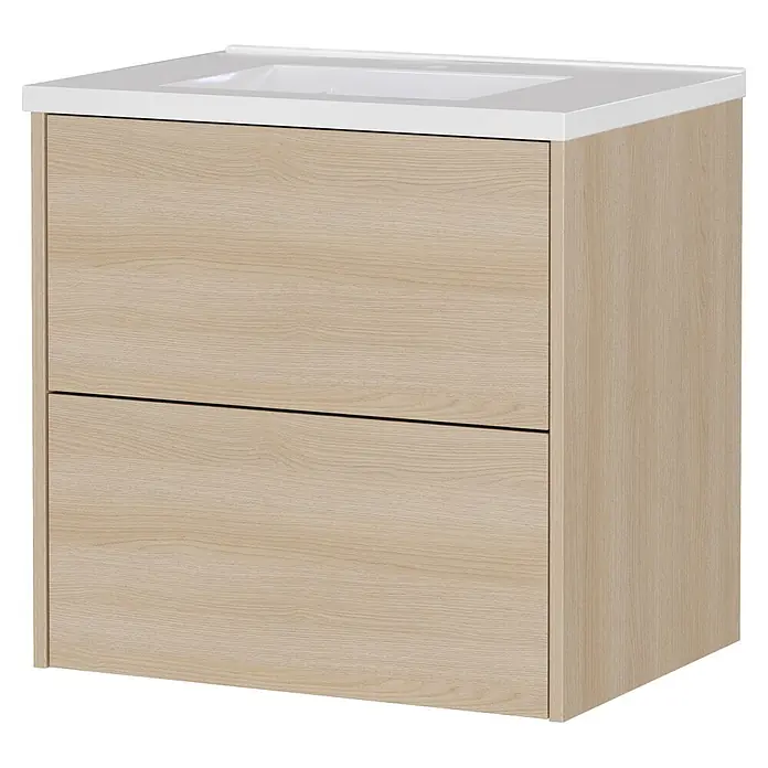 Germania Waschtischunterschrank GW-BODERA - B x T x H: 61 x 46 x 61 cm, Lindberg-Eiche-Nb. - Helles Badezimmermöbel aus Holz mit zwei Schubladen und weißer integrierter Waschtischplatte.