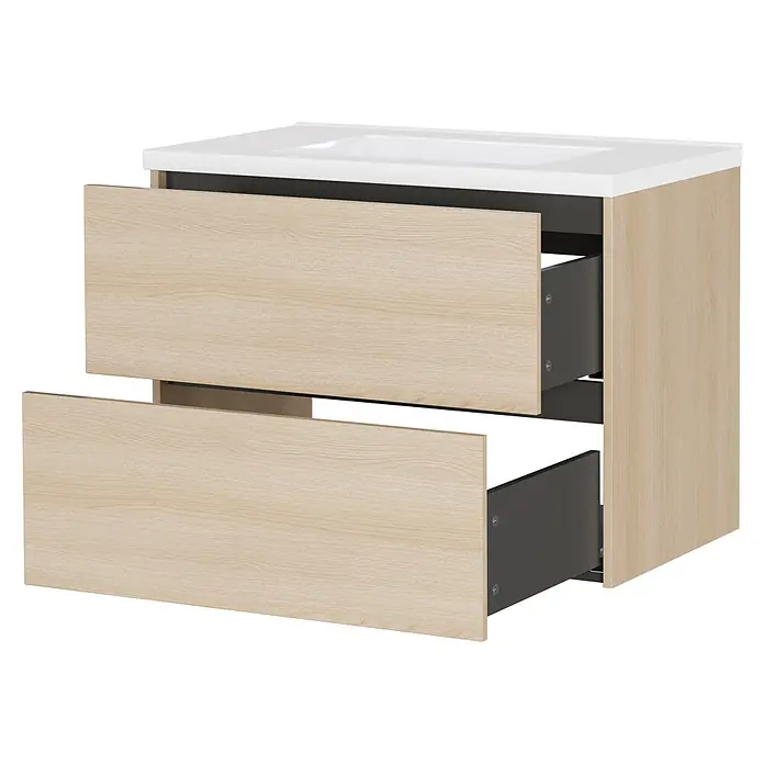 Germania Waschtischunterschrank GW-BODERA - B x T x H: 81 x 46 x 61 cm, Lindberg-Eiche-Nb. - Helle Holz-Waschtischunterschrank mit weißem Waschbecken und zwei teilweise geöffneten Schubladen.