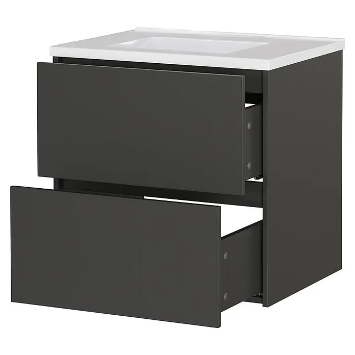 Germania Waschtischunterschrank GW-BODERA - B x T x H: 61 x 46 x 61 cm, Graphit - Dunkelgrauer Waschtischunterschrank mit weißer Platte und zwei teilweise geöffneten Schubladen.