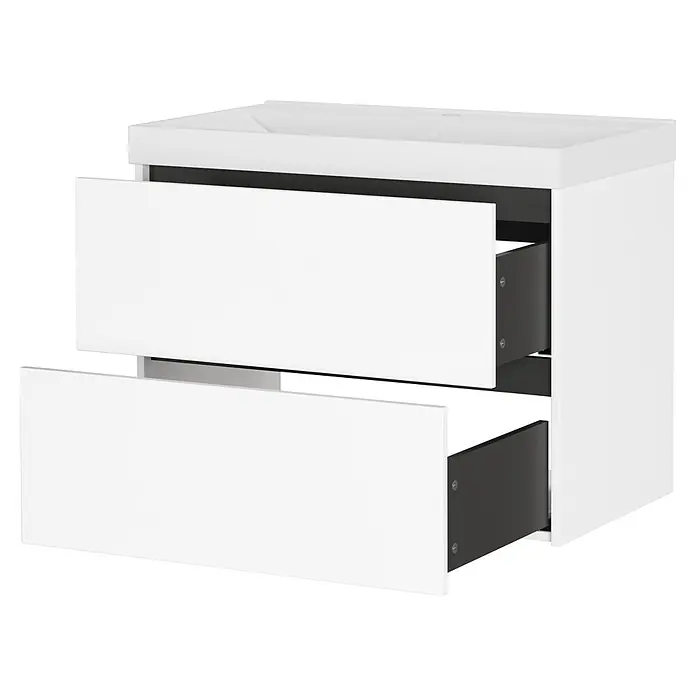 Germania Waschtischunterschrank GW-BODERA - B x T x H: 81 x 46 x 65 cm, Weiß - Weißer Badunterschrank mit zwei geöffneten Schubladen, die dunkelgraue Innenräume zeigen.