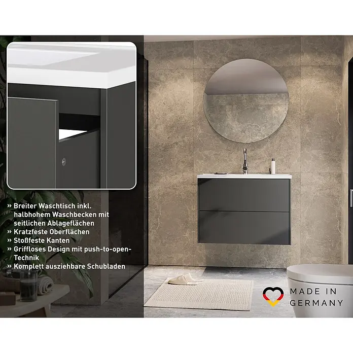 Germania Waschtischunterschrank GW-BODERA - B x T x H: 81 x 46 x 61 cm, Graphit - Dunkelgrauer wandhängender Badunterschrank mit weißem Waschbecken und zwei Push-to-open-Schubladen im modernen Bad.