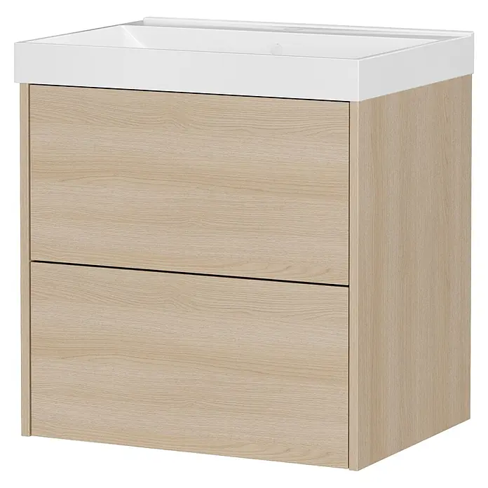 Germania Waschtischunterschrank GW-BODERA - B x T x H: 61 x 46 x 65 cm, Lindberg-Eiche-Nb. - Helles Holz-Waschtischunterschrank mit zwei Schubladen und weißem integriertem Waschbecken.