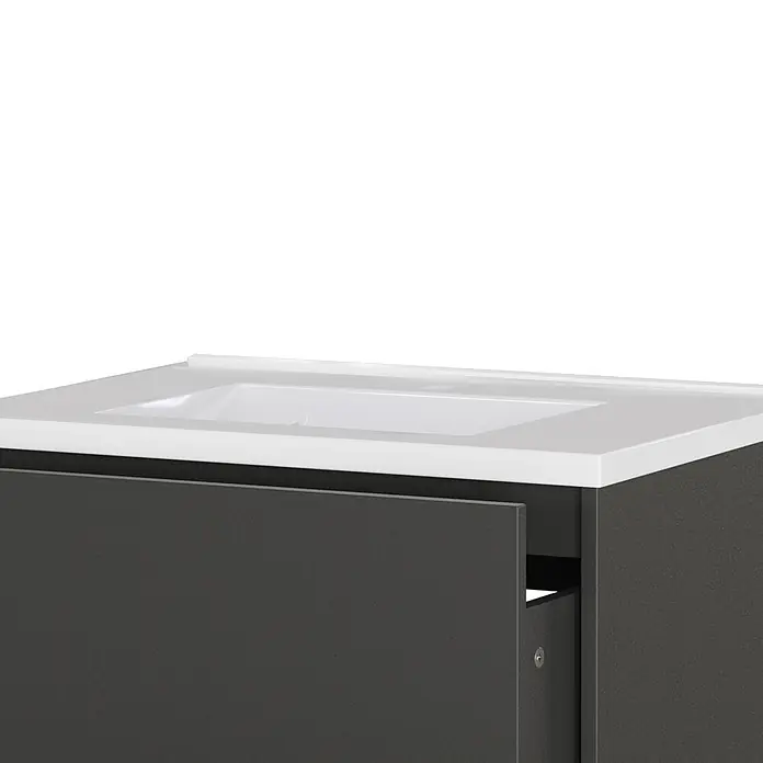 Germania Waschtischunterschrank GW-BODERA - B x T x H: 61 x 46 x 61 cm, Graphit - Anthrazitfarbener Waschtischunterschrank mit integriertem weißen Waschbecken und teilweise geöffneter Schublade.