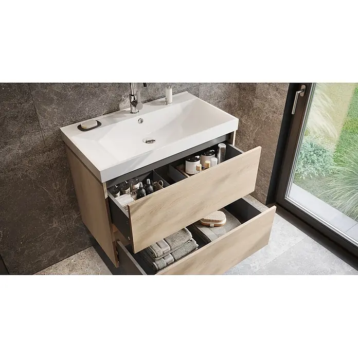 Germania Waschtischunterschrank GW-BODERA - B x T x H: 81 x 46 x 65 cm, Lindberg-Eiche-Nb. - Moderner Waschtisch mit weißem Waschbecken und hellen Holzschubladen, zwei offen für Stauraum.