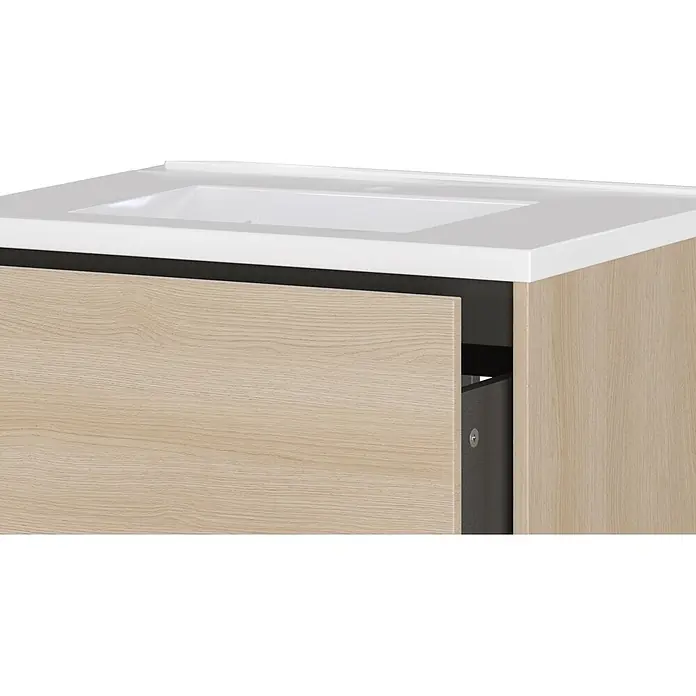 Germania Waschtischunterschrank GW-BODERA - B x T x H: 61 x 46 x 61 cm, Lindberg-Eiche-Nb. - Helle Holz-Badmöbel mit weißem Waschbecken und teilweise geöffneter Schublade, die dunkles Inneres zeigt.