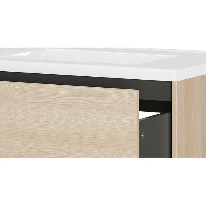 Germania Waschtischunterschrank GW-BODERA - B x T x H: 81 x 46 x 61 cm, Lindberg-Eiche-Nb. - Waschtischunterschrank aus hellem Holz mit weißem Waschbecken, Schublade teilweise geöffnet, dunkles Innenleben.