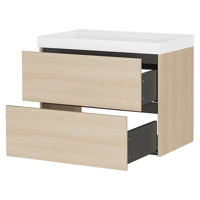 Germania Waschtischunterschrank GW-BODERA - B x T x H: 81 x 46 x 65 cm, Lindberg-Eiche-Nb. - Helles Waschtisch-Unterschrank aus Holz mit weißem Waschbecken, zwei teils geöffneten Schubladen mit dunkelgrauem Inneren.