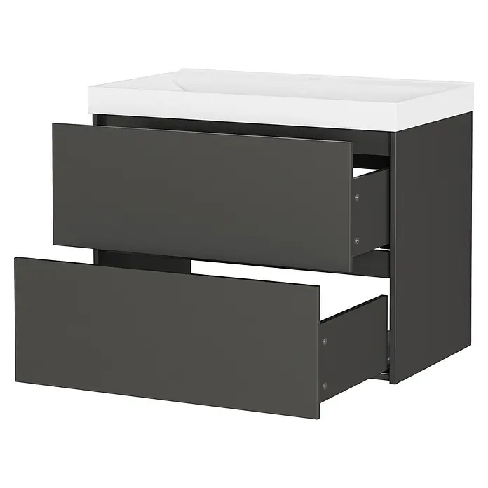 Germania Waschtischunterschrank GW-BODERA - B x T x H: 81 x 46 x 65 cm, Graphit - Dunkelgrauer Badschrank mit weißem Einbauwaschbecken und zwei teilweise geöffneten Schubladen.