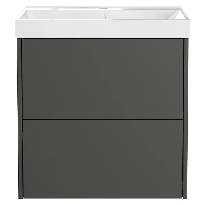 Germania Waschtischunterschrank GW-BODERA - B x T x H: 61 x 46 x 65 cm, Graphit - Weißes Keramikwaschbecken mit integriertem dunkelgrauen Badunterschrank mit zwei Schubladen.