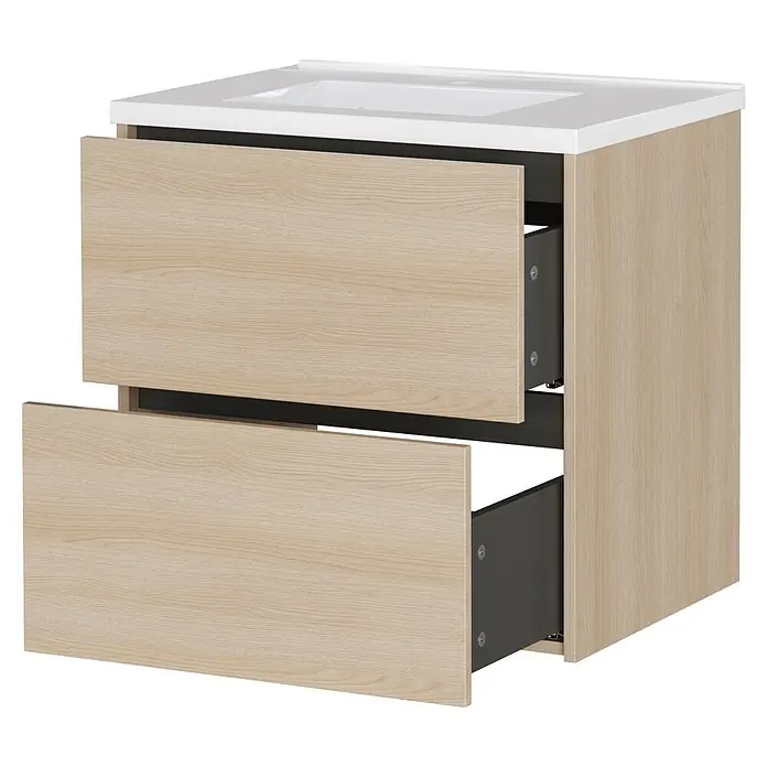 Germania Waschtischunterschrank GW-BODERA - B x T x H: 61 x 46 x 61 cm, Lindberg-Eiche-Nb. - Heller Waschtisch aus Holz mit weißer Platte und teilweise geöffneten Schubladen, die dunkelgraue Innenräume zeigen.