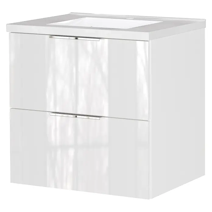 Germania Waschtischunterschrank GW-CELANO - B x T x H: 61 x 46 x 61 cm, Weiß - Weißer glänzender Waschtischunterschrank mit zwei Schubladen und integriertem Waschbecken.