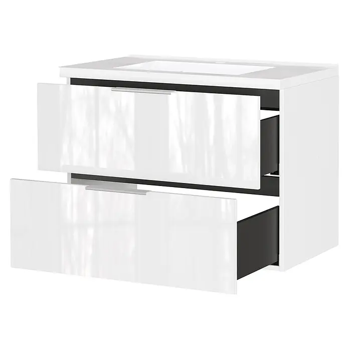 Germania Waschtischunterschrank GW-CELANO - B x T x H: 81 x 46 x 61 cm, Weiß - Weißer Badezimmerschrank mit integriertem Waschbecken und zwei teilweise geöffneten, glänzend weißen Schubladen mit schmalen Metallgriffen.