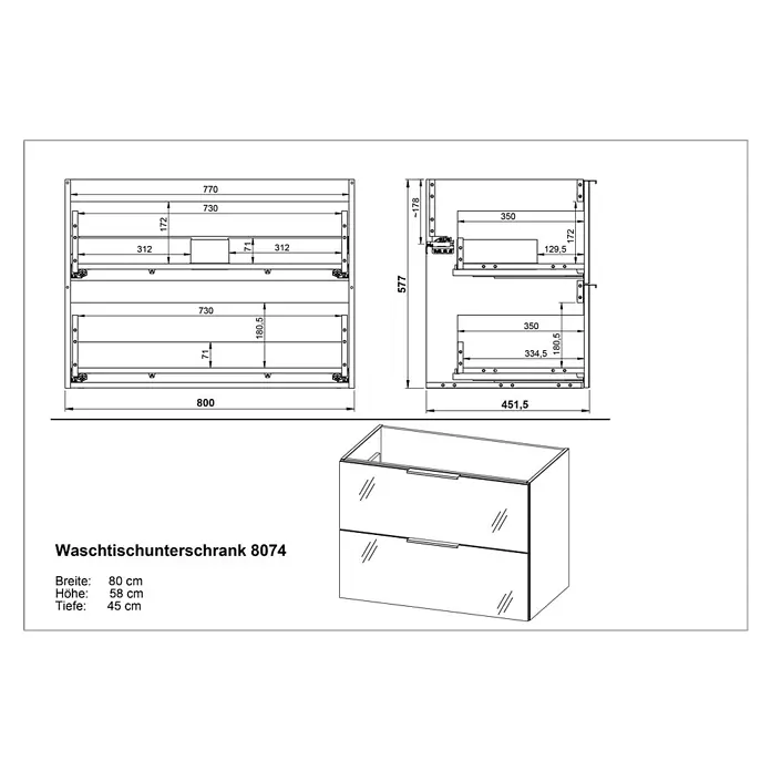 Germania Waschtischunterschrank GW-CELANO - B x T x H: 81 x 46 x 65 cm, Graphit/Silbergrau - Weißer Waschtischunterschrank mit zwei Schubladen und Griffen. Maße 80x58x45 cm.
