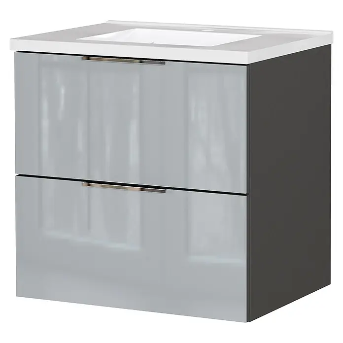 Germania Waschtischunterschrank GW-CELANO - B x T x H: 61 x 46 x 61 cm, Graphit/Silbergrau - Modernes hellgraues Badmöbel mit zwei Schubladen und integriertem weißen Waschbecken. Dunkelgraue Seitenverkleidung.
