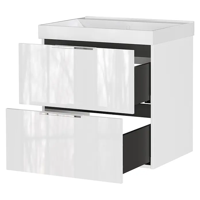 Germania Waschtischunterschrank GW-CELANO - B x T x H: 61 x 46 x 65 cm, Weiß - Weißer Badezimmerschrank mit zwei offenen Schubladen, die dunkelgraue Innenräume und ein weißes Waschbecken zeigen.