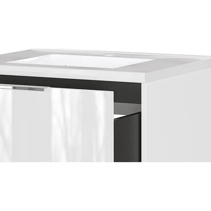 Germania Waschtischunterschrank GW-CELANO - B x T x H: 61 x 46 x 61 cm, Weiß - Weißer Badunterschrank mit integriertem Waschbecken und offener Schublade, die das dunkle Innere zeigt.