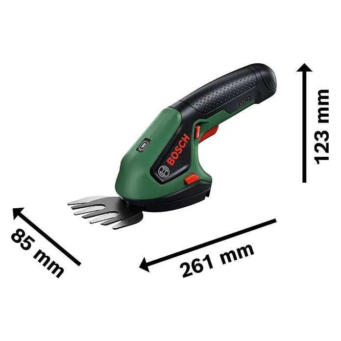 Bosch Akku-Gras- & Strauchschere ISIO 4 - 4 V, 1 Akku - Bosch Isio Akku-Gras- und Strauchschere, grün-schwarz mit roten Akzenten und Metallklingen.