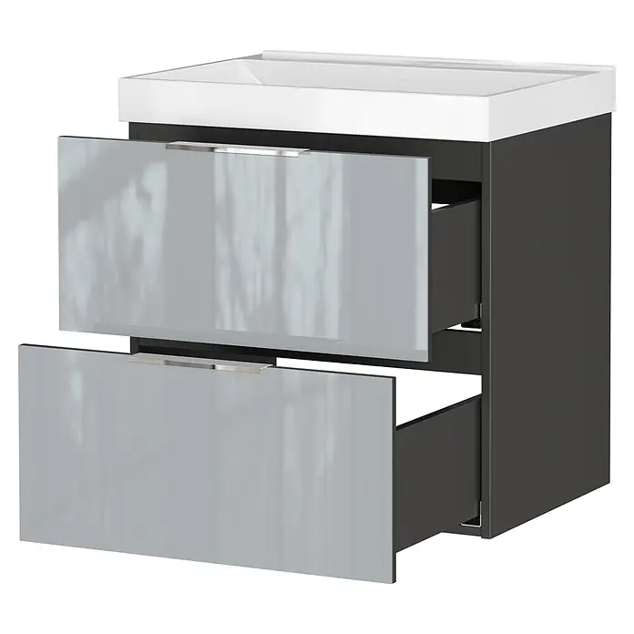 Germania Waschtischunterschrank GW-CELANO - B x T x H: 61 x 46 x 65 cm, Graphit/Silbergrau - Dunkelgrauer Badunterschrank mit weißem Waschbecken und zwei teils geöffneten hellgrauen Hochglanzschubladen mit Chromgriffen.
