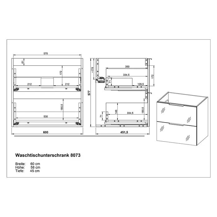Germania Waschtischunterschrank GW-CELANO - B x T x H: 61 x 46 x 61 cm, Weiß - Weißer Waschtischunterschrank mit zwei Schubladen und den Maßen 60x58x45 cm.