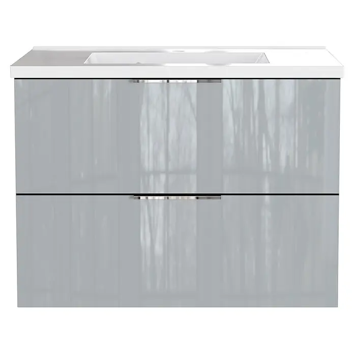 Germania Waschtischunterschrank GW-CELANO - B x T x H: 81 x 46 x 61 cm, Graphit/Silbergrau - Moderner Waschtisch mit integriertem weißen Waschbecken, glänzend grauem Schrank und zwei Schubladen mit Chromgriffen.