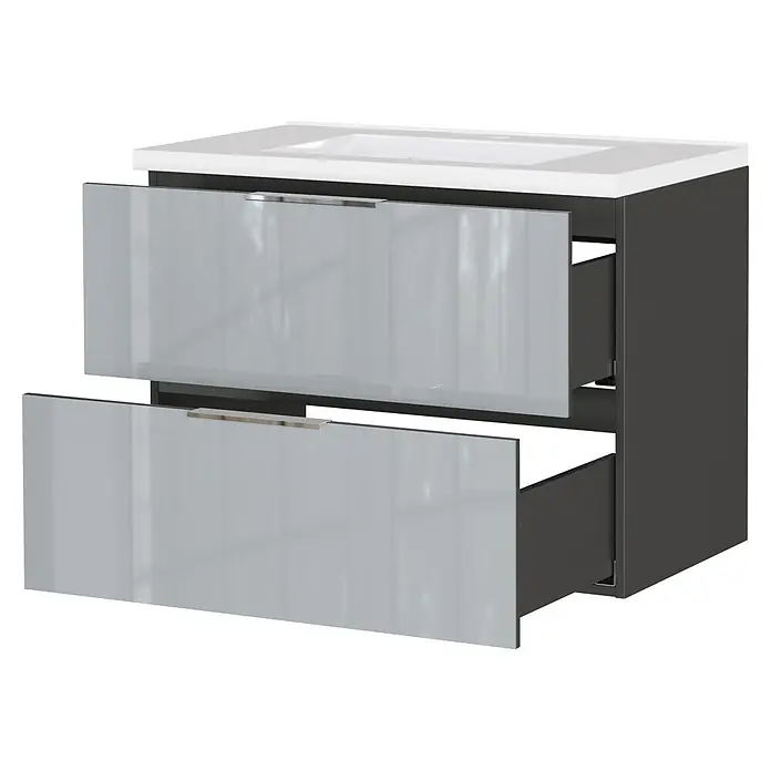Germania Waschtischunterschrank GW-CELANO - B x T x H: 81 x 46 x 61 cm, Graphit/Silbergrau - Dunkelgrauer Badezimmerschrank mit zwei offenen Schubladen, weißer Arbeitsplatte und hellgrau glänzenden Fronten mit Chromgriffen.