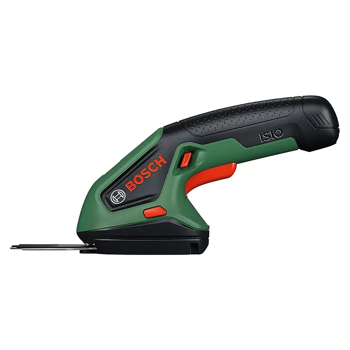 Bosch Akku-Gras- & Strauchschere ISIO 4 - 4 V, 1 Akku - Grüner und schwarzer Bosch Isio Akku-Gras- und Strauchscherer mit orangefarbenen Akzenten.
