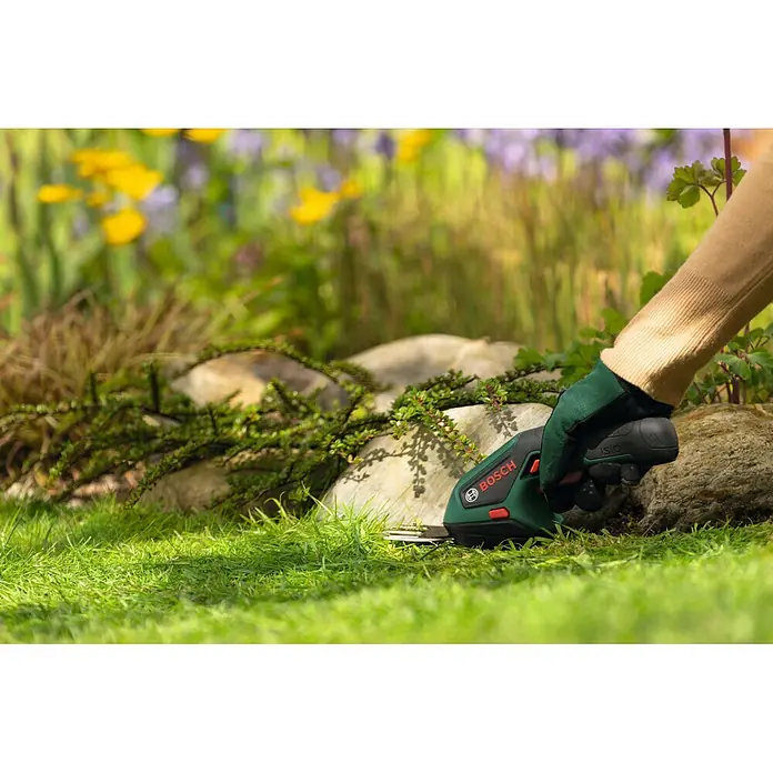 Bosch Akku-Gras- & Strauchschere ISIO 4 - 4 V, 1 Akku - Grüne und schwarze Bosch ISIO Grasschere trimmt Gras um Steine im Garten, gehalten von einer behandschuhten Hand.