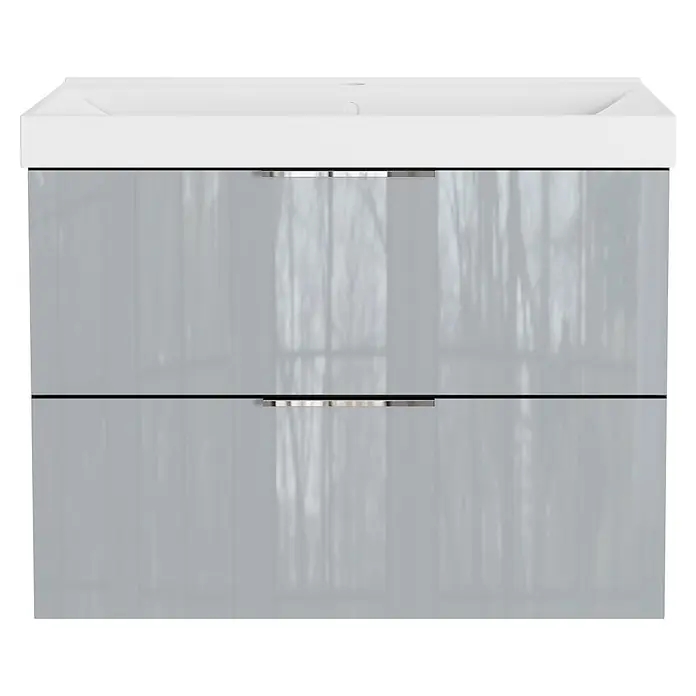Germania Waschtischunterschrank GW-CELANO - B x T x H: 81 x 46 x 65 cm, Graphit/Silbergrau - Weißer Waschbeckenunterschrank mit zwei glänzenden grauen Schubladen und Chromgriffen.