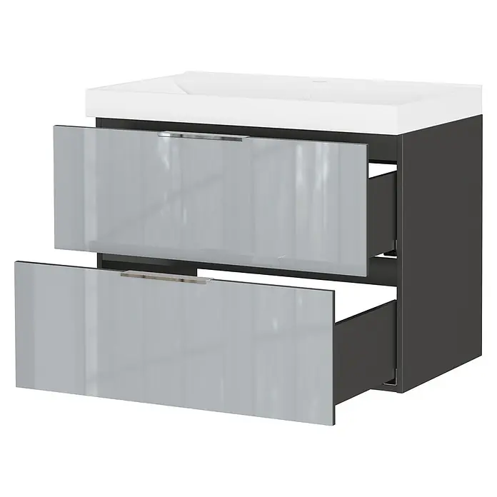 Germania Waschtischunterschrank GW-CELANO - B x T x H: 81 x 46 x 65 cm, Graphit/Silbergrau - Dunkelgrauer Badezimmerschrank mit weißem Waschbecken und zwei offenen, hellgrau glänzenden Schubladen mit silbernen Griffen.