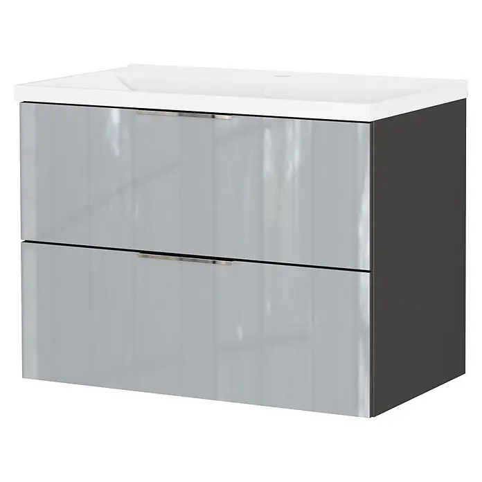 Germania Waschtischunterschrank GW-CELANO - B x T x H: 81 x 46 x 61 cm, Graphit/Silbergrau - Grauer Badezimmerschrank mit zwei hochglänzenden Schubladen, silbernen Griffen und integriertem weißen Waschbecken.
