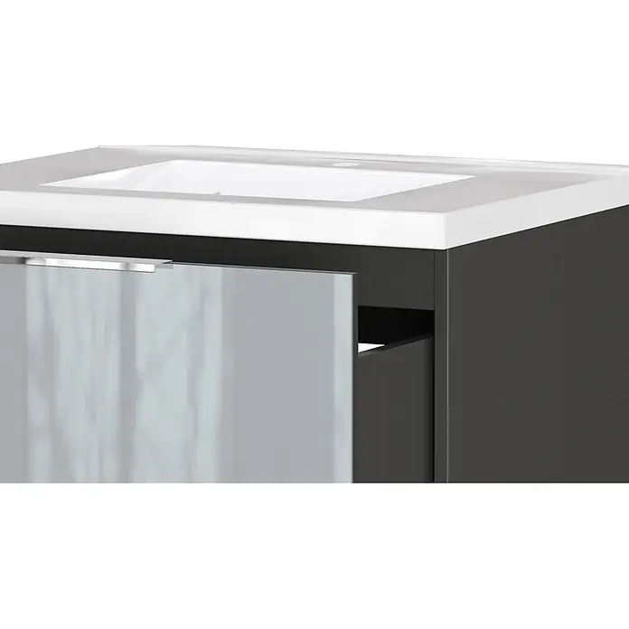 Germania Waschtischunterschrank GW-CELANO - B x T x H: 61 x 46 x 61 cm, Graphit/Silbergrau - Dunkelgrauer Waschtischunterschrank mit weißem Waschbecken, Arbeitsplatte und Spiegeltür mit Chromgriff.