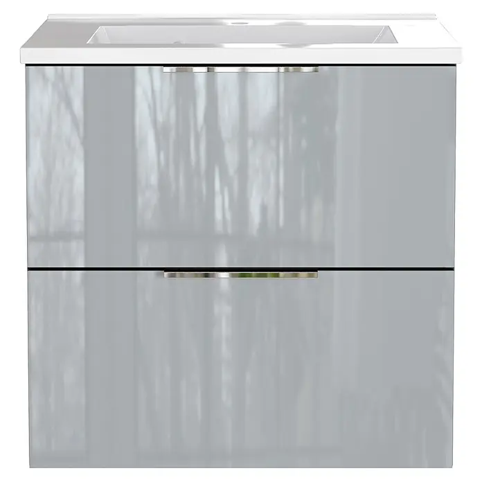 Germania Waschtischunterschrank GW-CELANO - B x T x H: 61 x 46 x 61 cm, Graphit/Silbergrau - Glänzender hellgrauer Waschbeckenunterschrank mit integriertem Waschbecken und zwei Schubladen mit Chromgriffen.