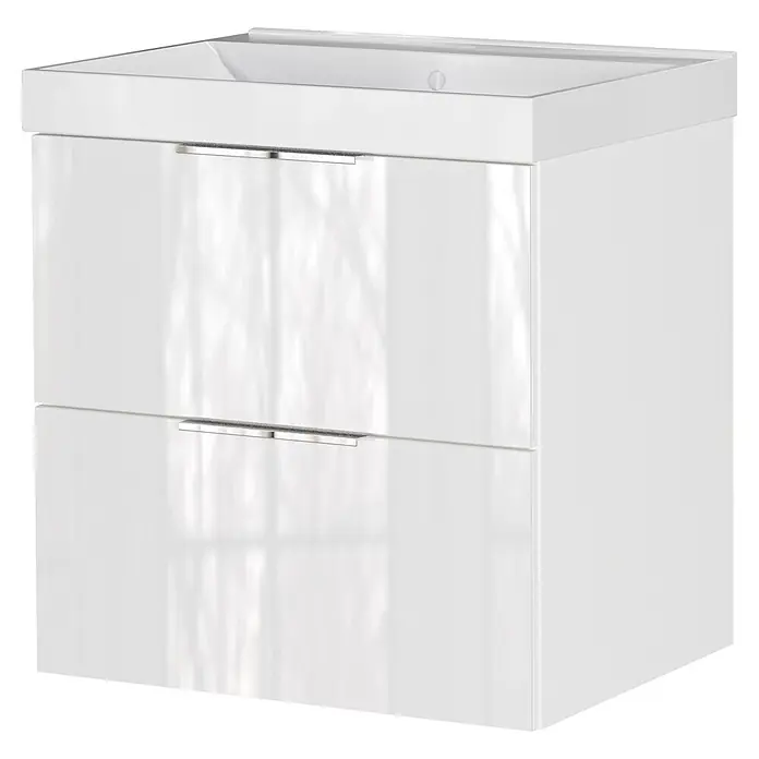 Germania Waschtischunterschrank GW-CELANO - B x T x H: 61 x 46 x 65 cm, Weiß - Weißer wandmontierter Badunterschrank mit integriertem Waschbecken und zwei glänzenden Schubladen mit Chromgriffen.