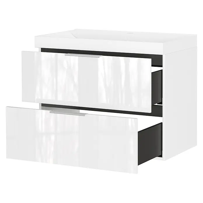 Germania Waschtischunterschrank GW-CELANO - B x T x H: 81 x 46 x 65 cm, Weiß - Weißer wandmontierter Waschtischunterschrank mit integriertem Waschbecken und zwei teils geöffneten, hochglänzenden weißen Schubladen mit silbernen Griffen.