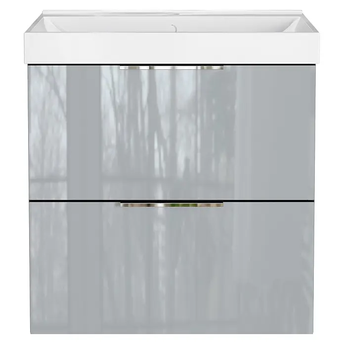 Germania Waschtischunterschrank GW-CELANO - B x T x H: 61 x 46 x 65 cm, Graphit/Silbergrau - Wandhängender Badunterschrank mit integriertem weißem Waschbecken, zwei glänzend hellgrauen Schubladen und Metallgriffen.