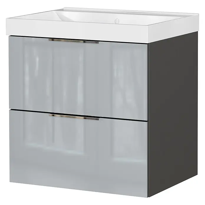 Germania Waschtischunterschrank GW-CELANO - B x T x H: 61 x 46 x 65 cm, Graphit/Silbergrau - Moderner Badunterschrank mit weißem integriertem Waschbecken, glänzenden hellgrauen Schubladen mit silbernen Griffen und dunkelgrauen Seiten.