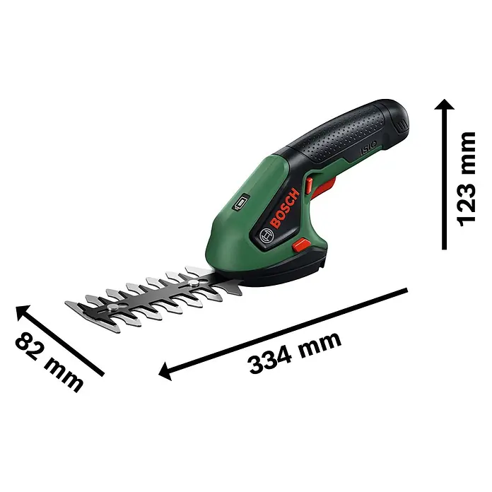 Bosch Akku-Gras- & Strauchschere ISIO 4 - 4 V, 1 Akku - Grün-schwarze Bosch Isio Akku-Strauch- und Grasschere mit roten Akzenten, Maße: 334mm Länge, 123mm Höhe, 82mm Klingenbreite.