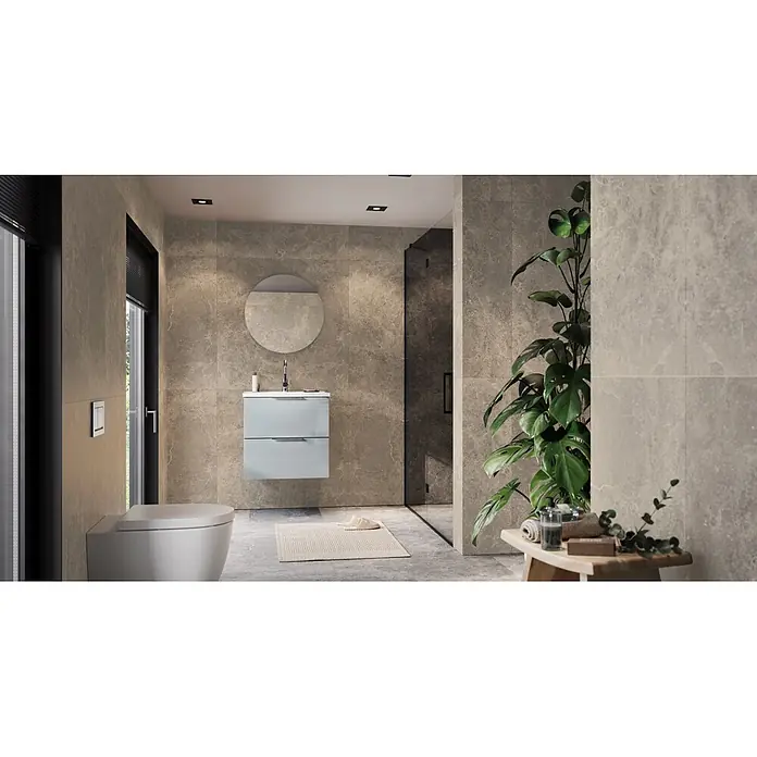 Germania Waschtischunterschrank GW-CELANO - B x T x H: 61 x 46 x 61 cm, Graphit/Silbergrau - Hellblauer schwebender Badezimmerschrank mit zwei Schubladen und weißem Waschbecken, neben einer weißen Toilette.