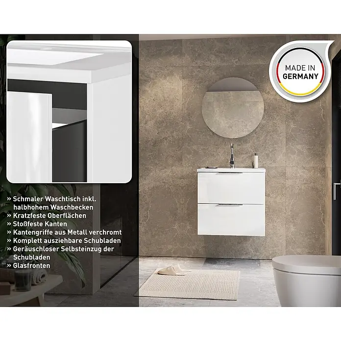 Germania Waschtischunterschrank GW-CELANO - B x T x H: 61 x 46 x 61 cm, Weiß - Weißer Badezimmer-Waschtisch mit Waschbecken und Schubladen, unter einem runden Spiegel in einem modernen Bad.